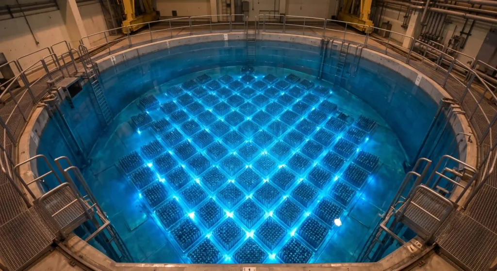 Spent nuclear fuel rods emitting bright blue Cherenkov radiation deep underwater in a reactor cooling pool.