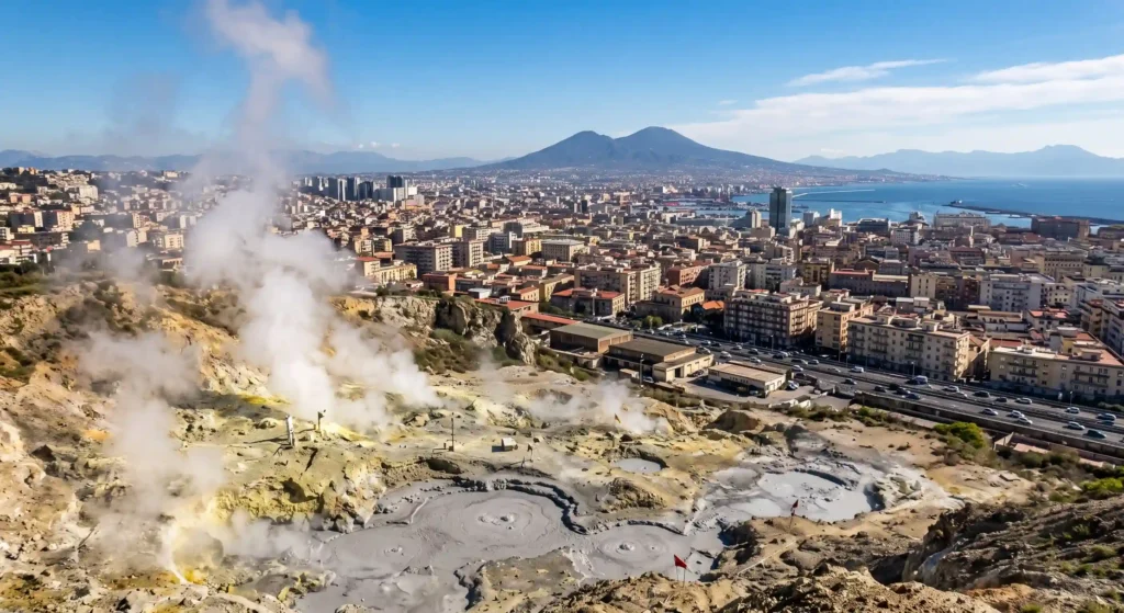 Steaming geothermal vents of the restless Campi Flegrei caldera located dangerously close to the densely populated city of Naples, Italy.