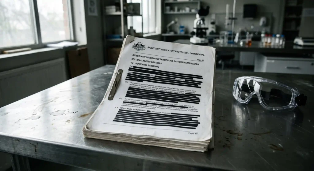 Official biosecurity regulatory documents on a lab table, highlighting the complex and fragmented governance of synthetic biology.