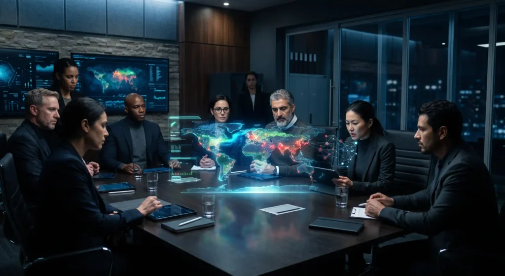 A board of scientists and security experts reviewing global threats in a modern boardroom to set the Doomsday Clock.