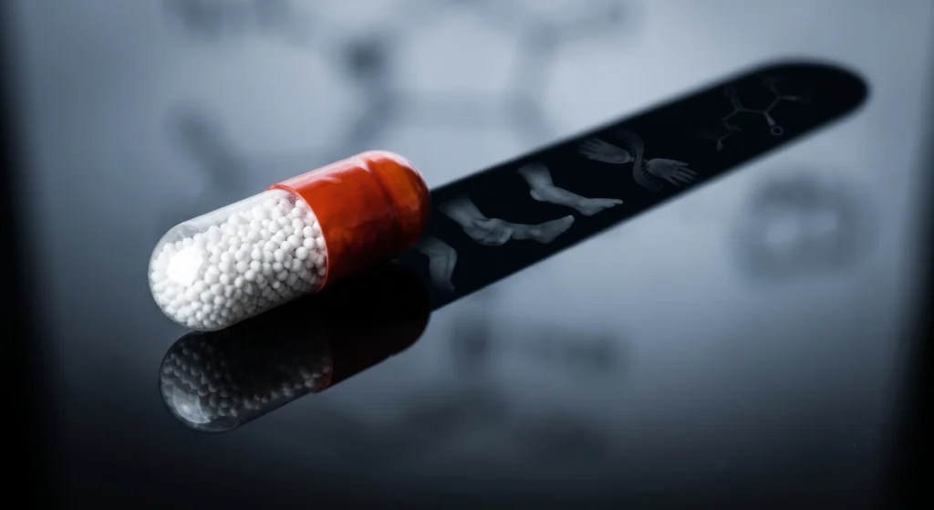 A dramatic close-up of a single pharmaceutical pill on black glass, symbolizing the serious medical impact of chiral drugs like thalidomide.
