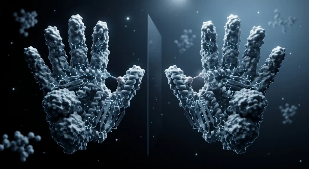 Two complex protein molecules that are exact mirror images of each other, demonstrating the concept of molecular chirality and handedness.