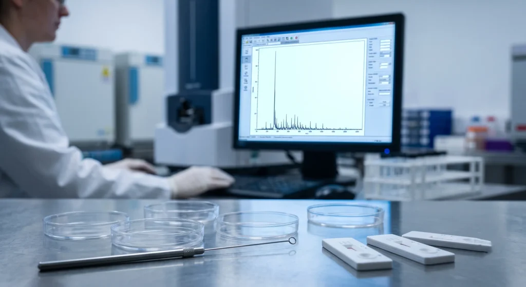 Standard petri dishes and rapid tests showing negative results in a lab, illustrating how mirror bacteria would evade conventional diagnostic tools.