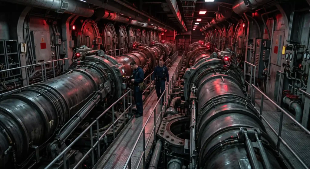 Interior view of a ballistic missile submarine showing launch tubes, highlighting how nuclear weapons are dispersed globally.
