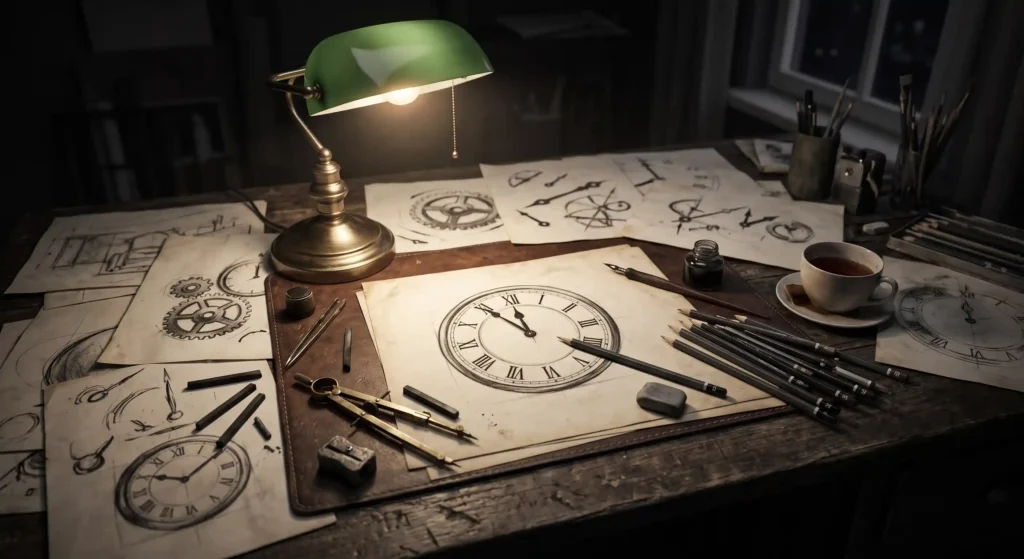 A 1940s artist's desk with drafting tools and sketches of a clock face, representing the creation of the Doomsday Clock in 1947.