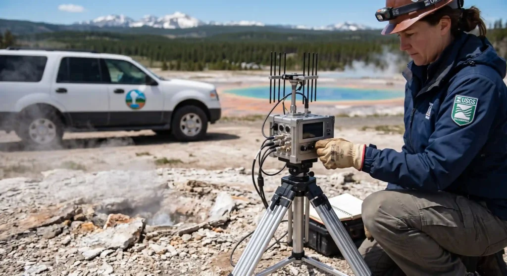 A USGS scientist monitoring seismic activity near colorful geysers in Yellowstone National Park, representing early warning systems for supereruptions.