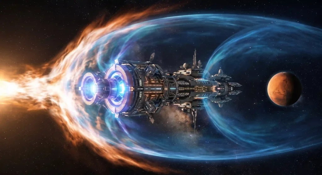 A futuristic artificial magnetic shield stationed in space deflecting the solar wind to protect Mars.