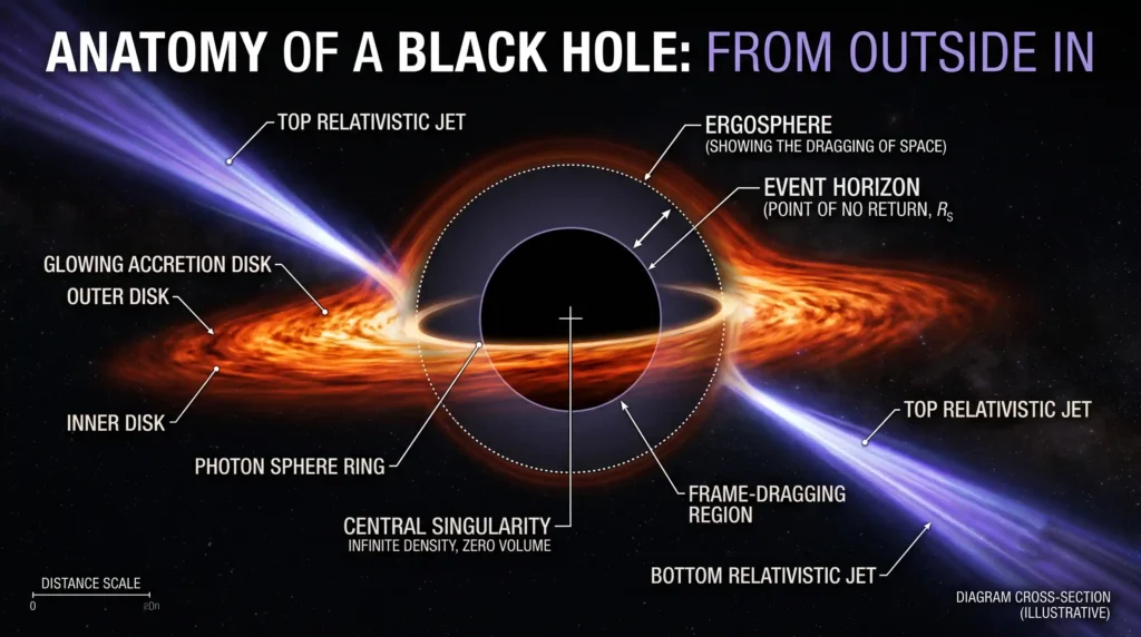 Labelled diagram of a black hole showing the accretion disk, photon sphere, event horizon and singularity