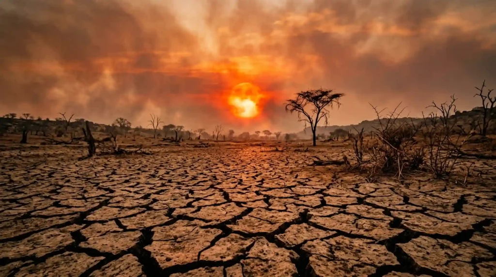 Cracked barren earth and fiery sun illustrating severe climate change drought