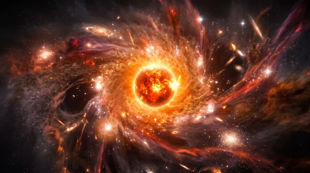 A spectacular, high-detail photorealistic scene of dozens of galaxies colliding and compressing into an incredibly hot, dense central point. This visualizes the 'Big Crunch', a cyclical model for the end of universe, illustrating a fierce answer to Will the universe end?