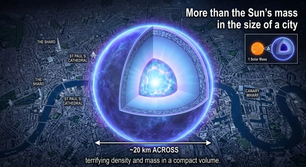 A neutron star about 20 kilometres wide compared to the size of a city