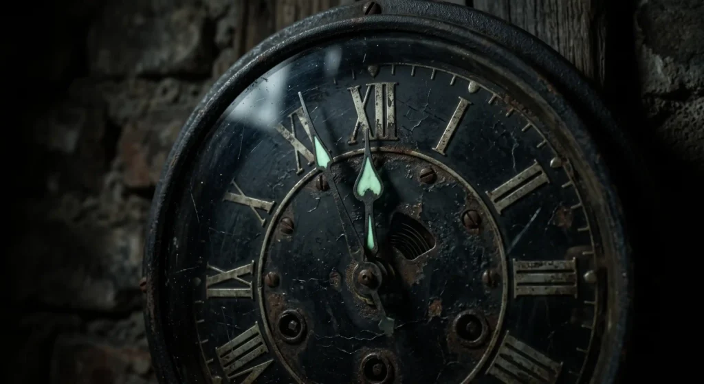 A dramatic close-up of a vintage analog clock with hands dangerously close to midnight, representing the Doomsday Clock at 85 seconds to global catastrophe.