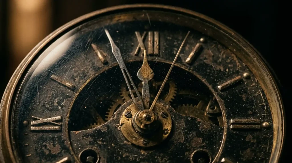 Vintage Doomsday Clock hands approaching midnight global catastrophe