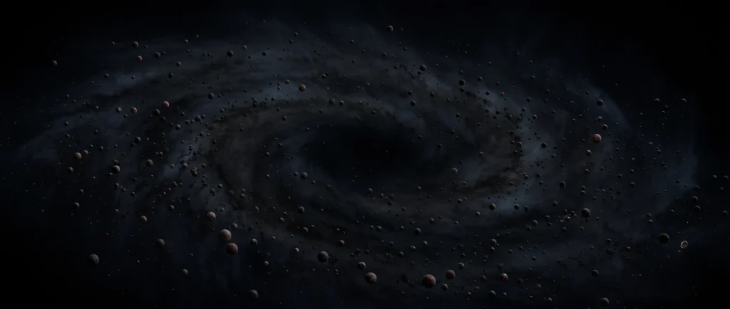 A photorealistic cosmic panoramic view billions of years in the future, depicting the 'Heat Death' and illustrating the question: Will the universe end? All stars have burned out, leaving only faint, cold stellar remnants against an impossibly dim and diffuse gas background, representing the ultimate cold end of universe.