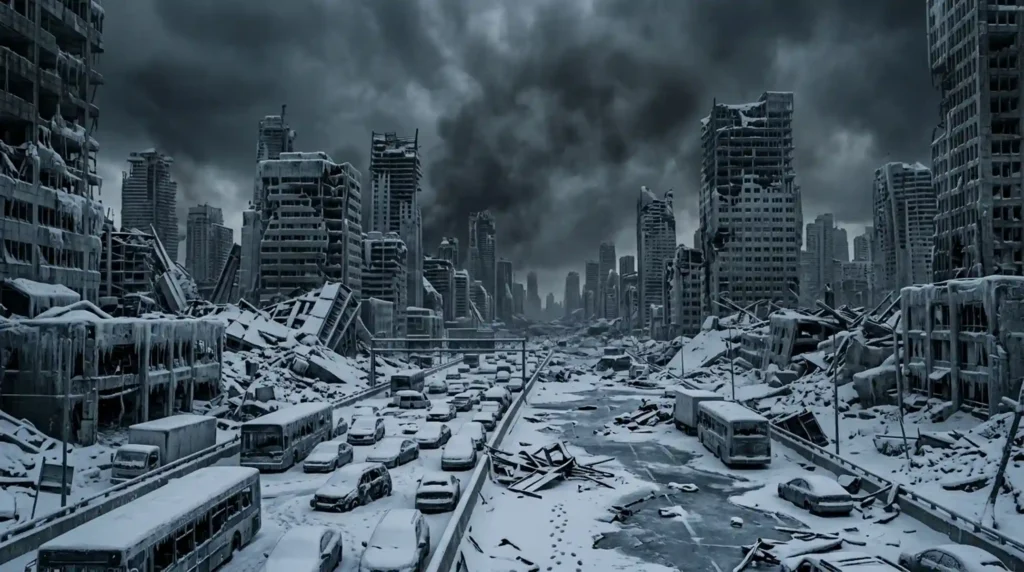 Ruined frozen city landscape showing nuclear winter aftermath