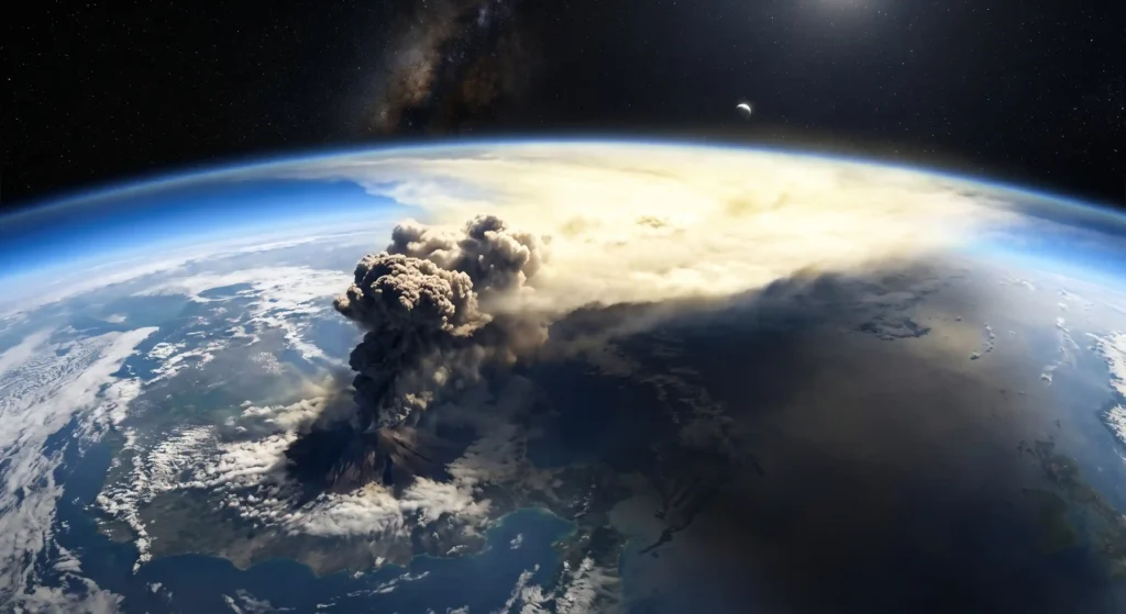 Earth from space showing a massive volcanic plume and sulfur aerosol haze in the stratosphere causing a global volcanic winter.