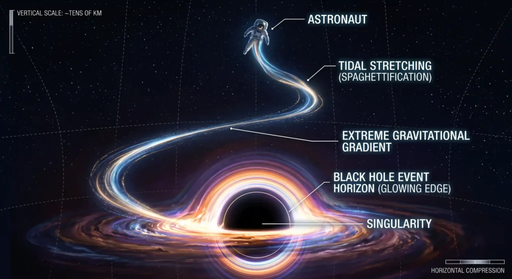 An astronaut stretched into a thin stream by tidal forces while falling toward a black hole (spaghettification)