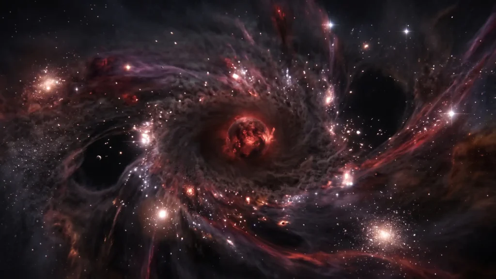 A hyper-realistic close-up shot focusing on the very last flickering star in a dark, silent universe. It emits only a weak, reddish light, highlighting the isolation and cold entropy of the 'Big Freeze' scenario for the end of universe, as humans ponder: Will the universe end in total darkness?