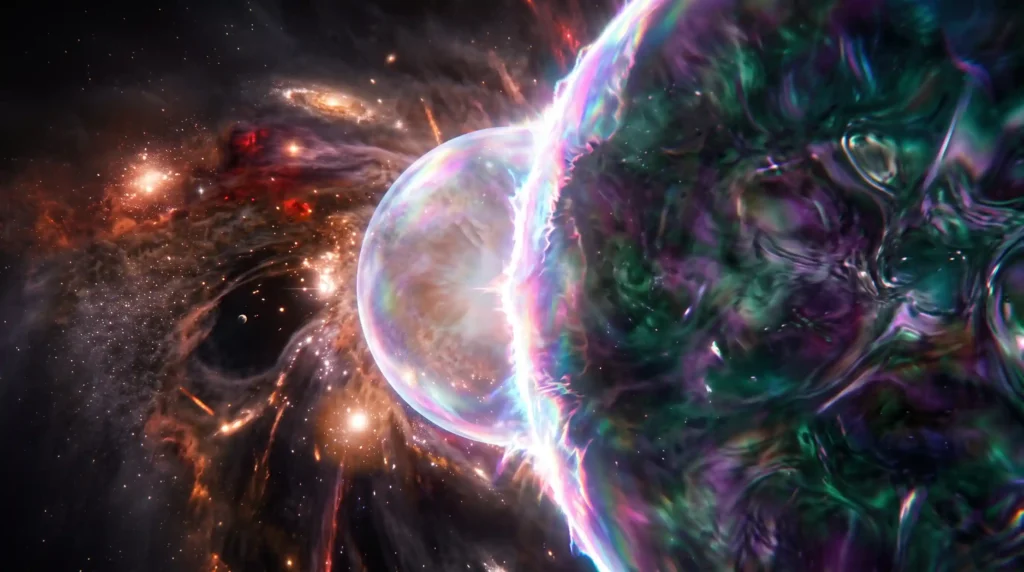 A terrifying, realistic space photograph showing a bubble of a different vacuum state expanding at the speed of light. Its pearlescent, unstable wall completely rewrites reality upon contact, visualizing the catastrophic 'Vacuum Decay' theory for an instantaneous end of universe, answering Will the universe end without warning.