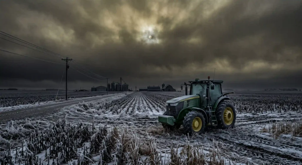 A modern grain storage facility and frozen, failed agricultural fields demonstrating the severe threat of a volcanic winter to the global food supply.