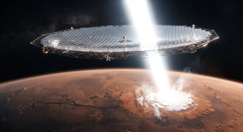 A colossal space mirror hovering in orbit, directing concentrated sunlight to melt the Martian south polar ice cap for terraforming.
