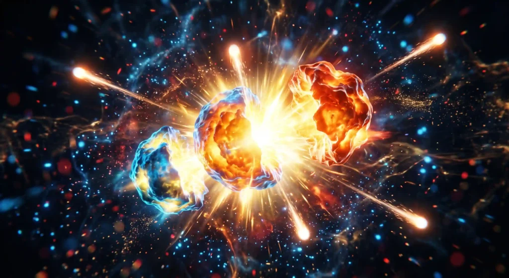 a uranium nucleus splitting during nuclear fission, releasing an intense burst of energy and neutrons.