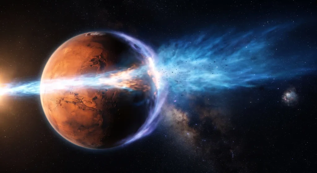 Cinematic view of the solar wind stripping away the Martian atmosphere into space due to the lack of a magnetic field.